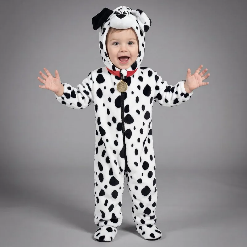 Joyfy Soft Toddler Dalmatian Costume - Halloween Puppy Jumpsuit with Hood, Zip-Up Baby Animal Outfit - 12-18